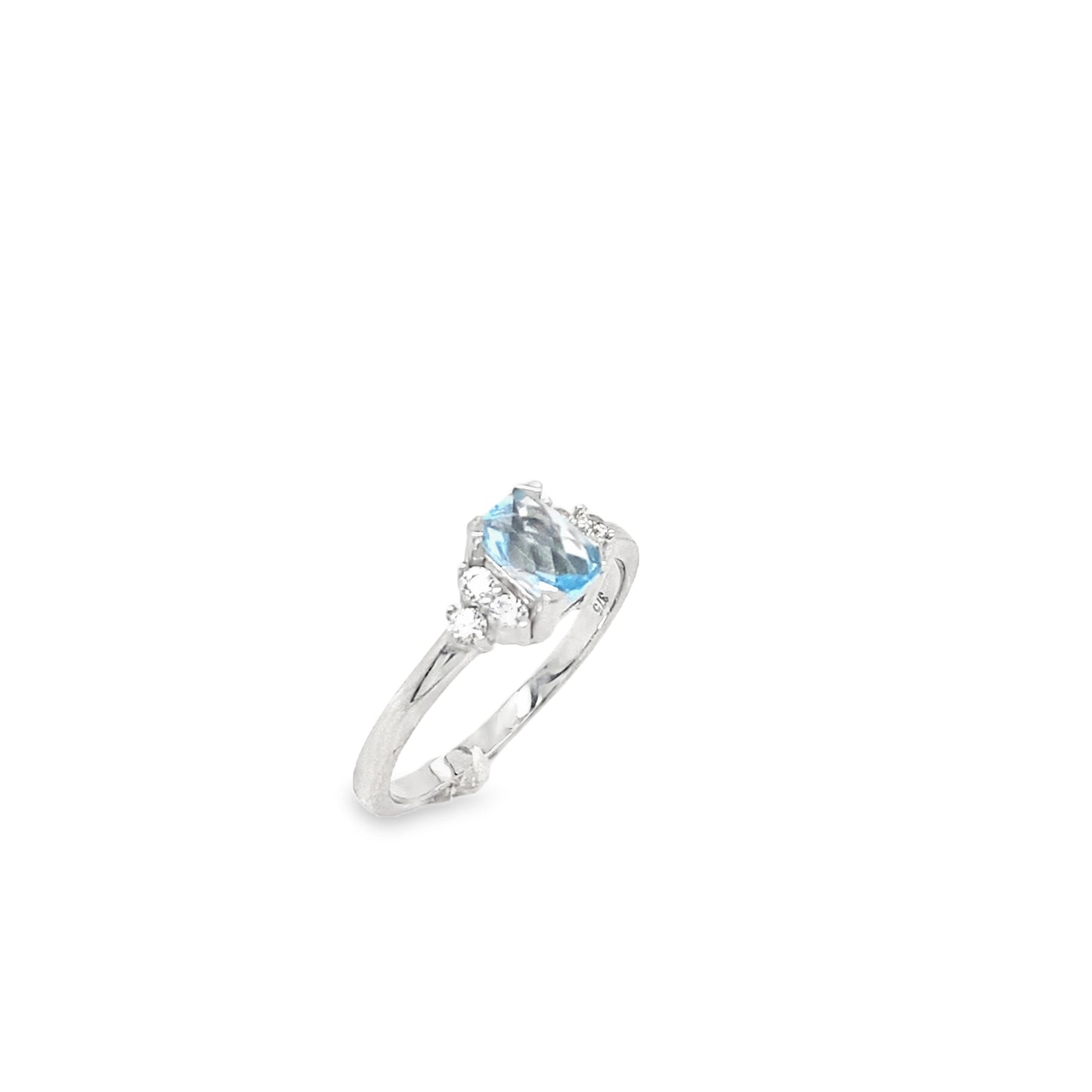 9ct White Gold Emerald Cut Blue Cubic Zirconia Ring With Fancy Shoulders