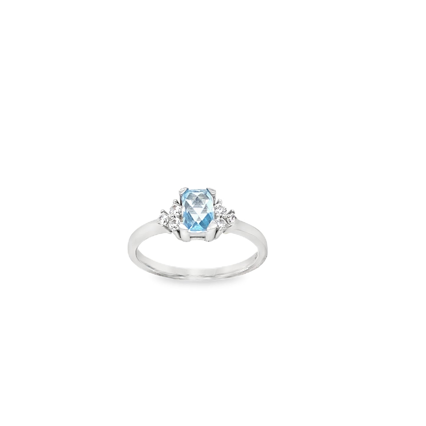 9ct White Gold Emerald Cut Blue Cubic Zirconia Ring With Fancy Shoulders