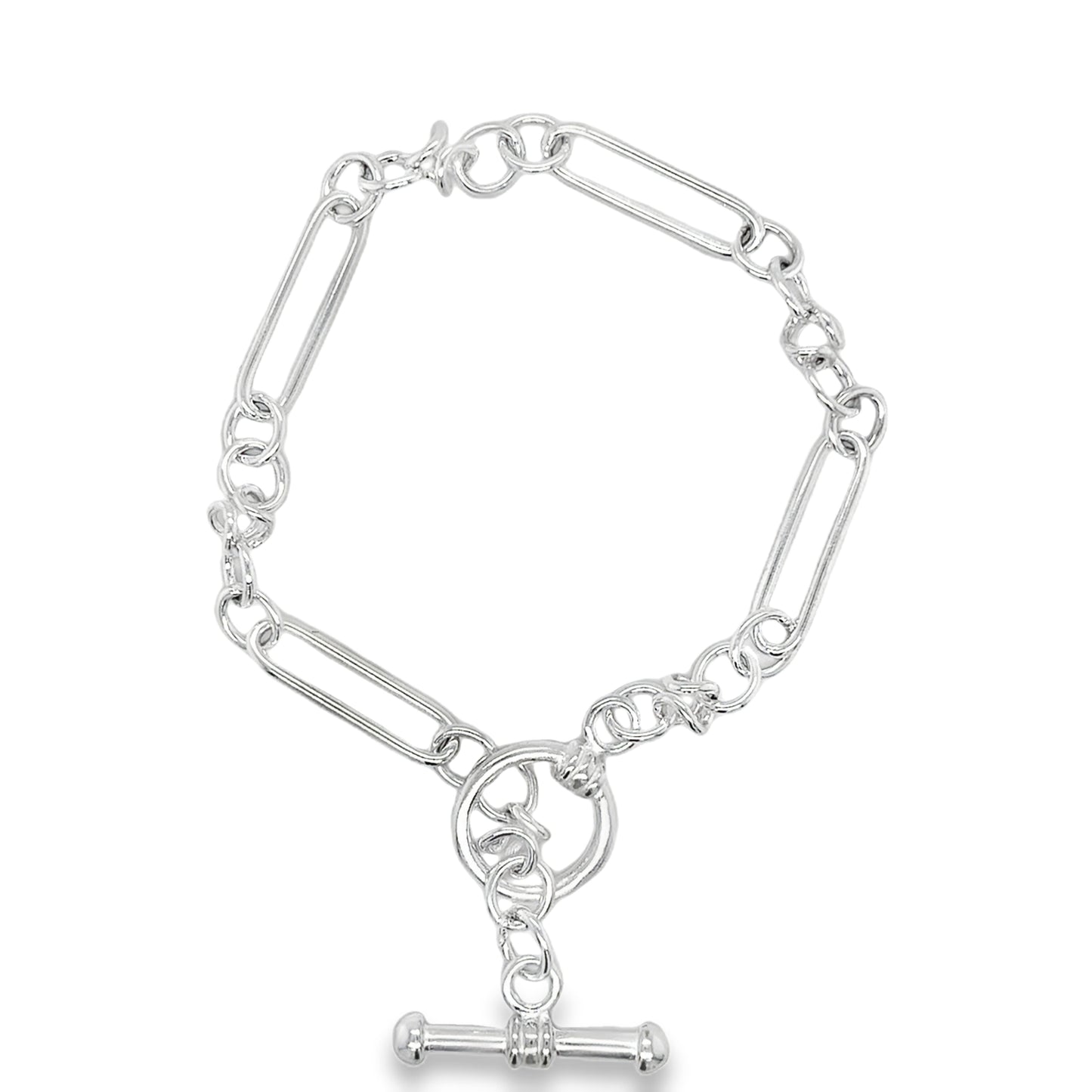 Sterling Silver Long Oval Link Bracelet with T-Bar 7.5"