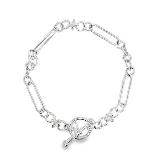 Sterling Silver Long Oval Link Bracelet with T-Bar 7.5"