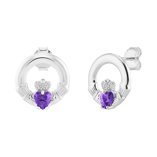 Sterling Silver February Birthstone Claddagh Stud Earrings