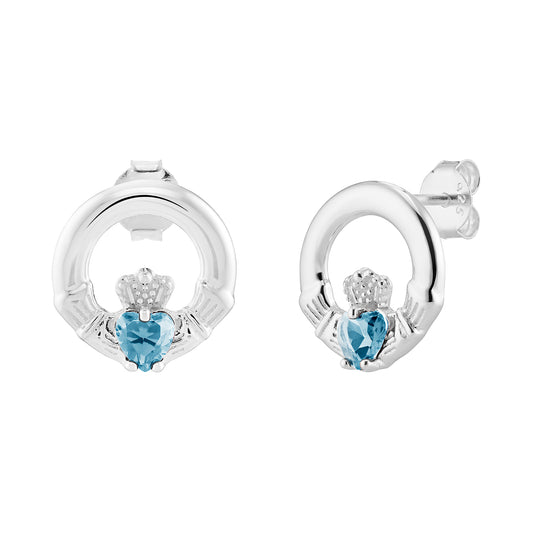 Sterling Silver March Birthstone Claddagh Stud Earrings