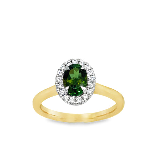 9ct Yellow Gold Oval Green Tourmaline and Diamond Halo Ring .20ct
