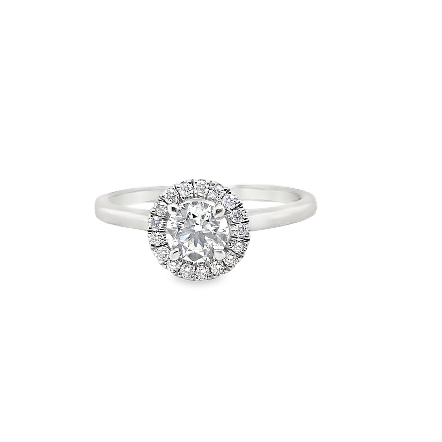 Platinum Round Brilliant Soliatiare Diamond Ring with Diamond Set Halo .70ct