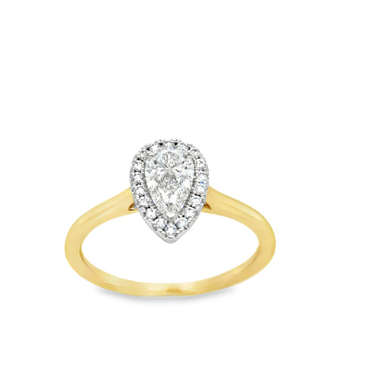 9ct Yellow Gold Pear Halo Diamond Ring .65ct