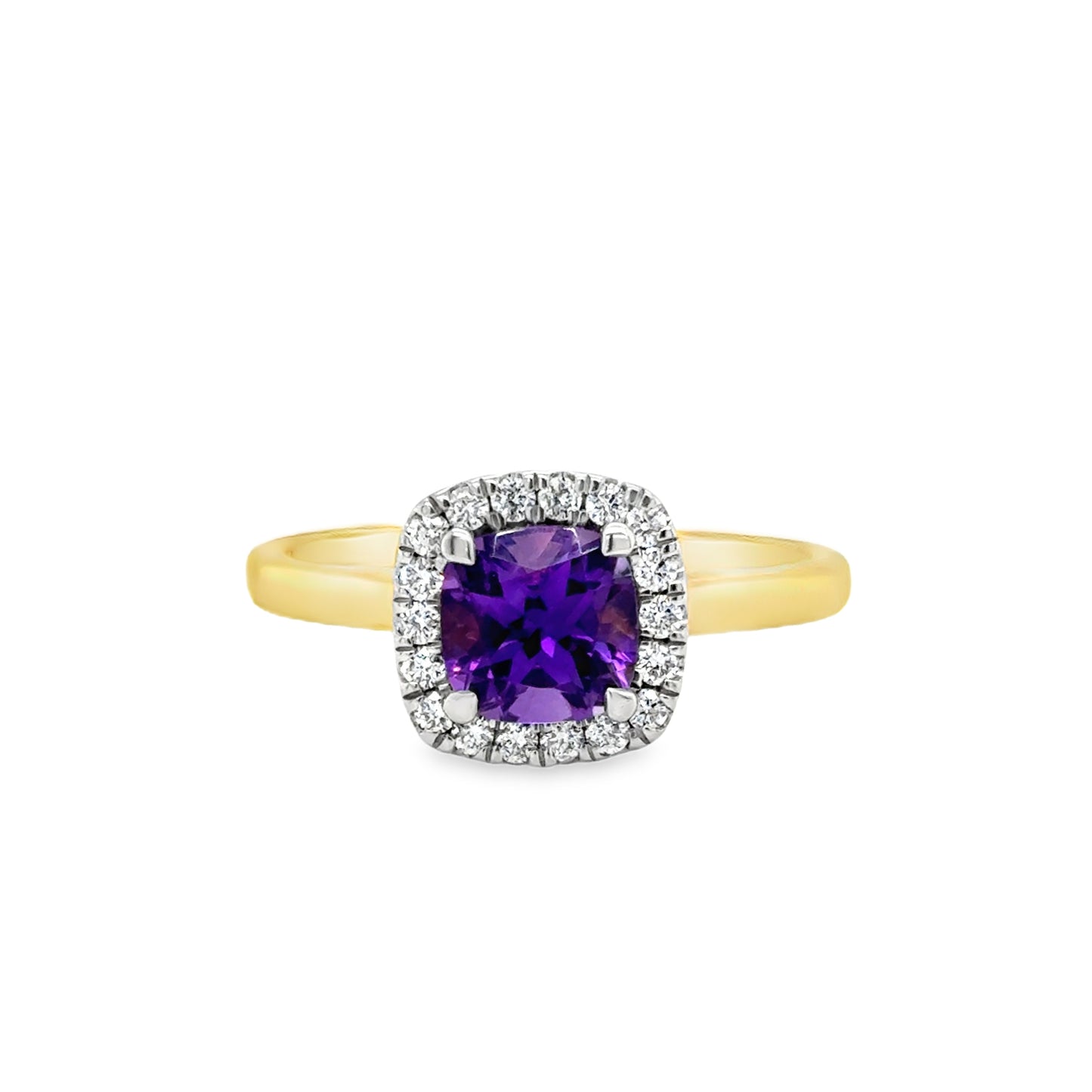 9ct Yellow Gold Cushion Cut Amethyst Ring with Diamond Set Halo .20ct