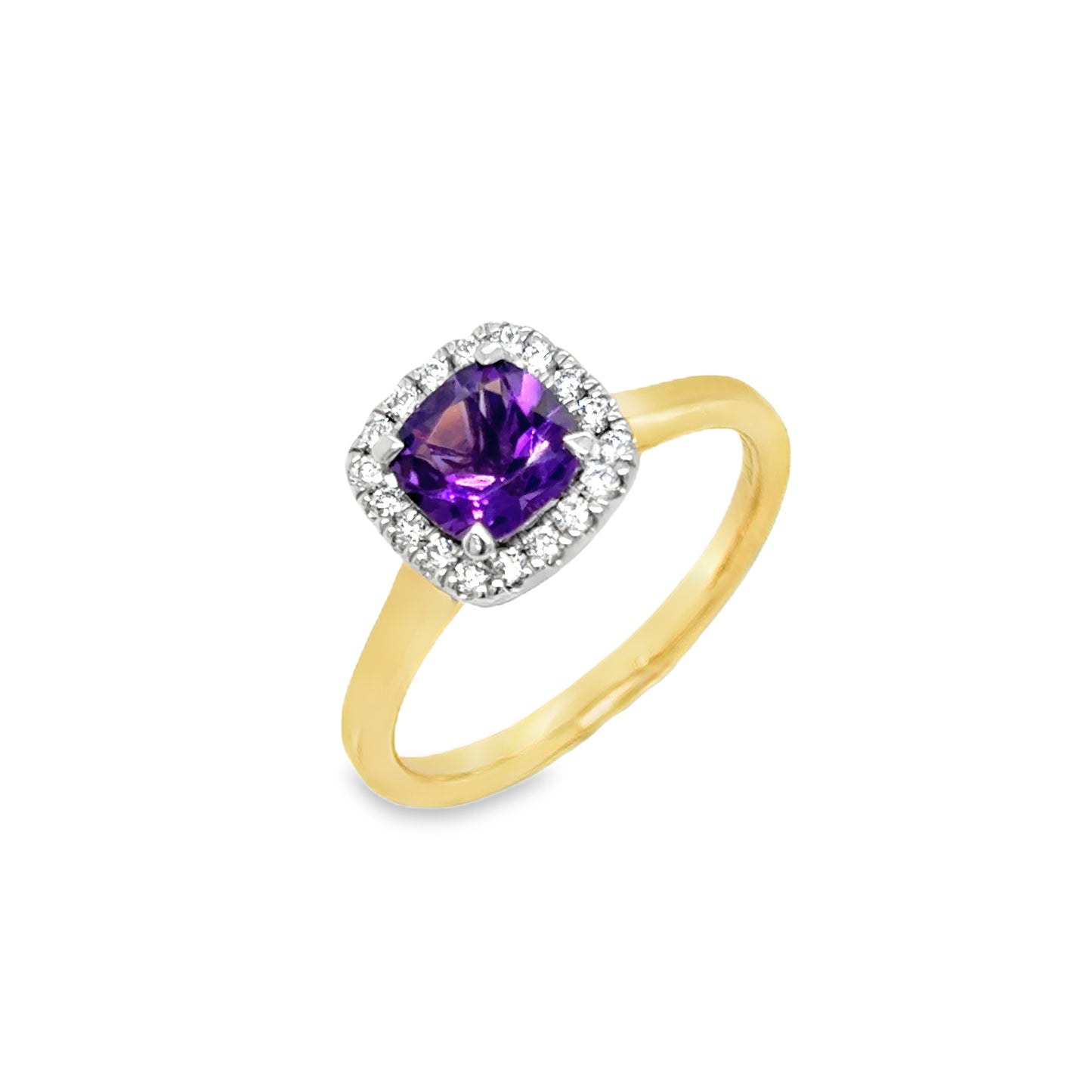 9ct Yellow Gold Cushion Cut Amethyst Ring with Diamond Set Halo .20ct