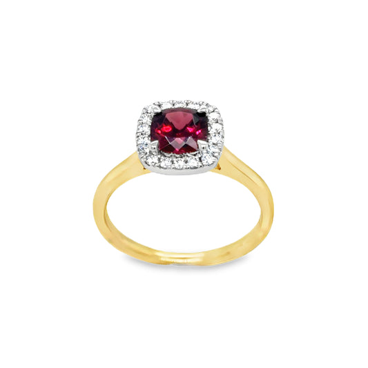 9ct Yellow Gold Cushion Cut Garnet Ring with Diamond Set Halo .20ct