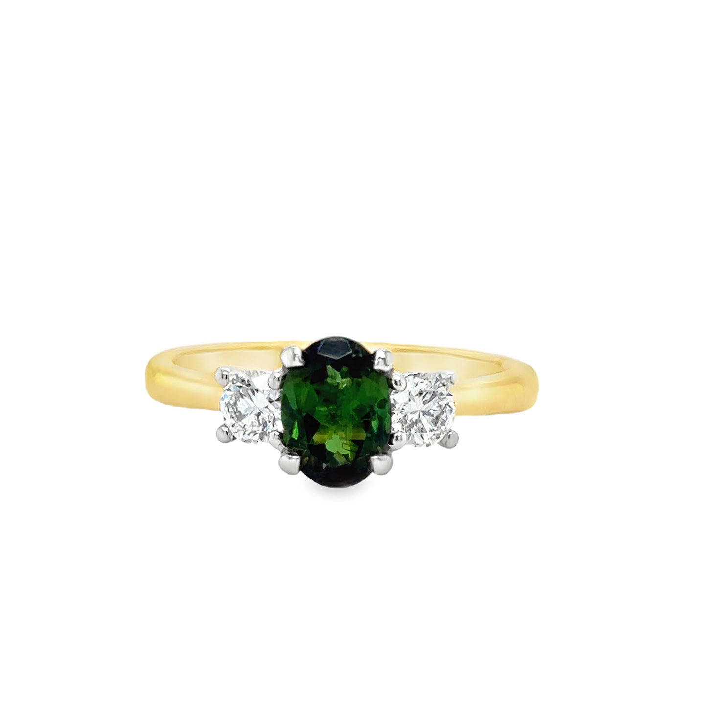 9ct 3 Stone Green Tourmaline & Dimaond Ring .36ct