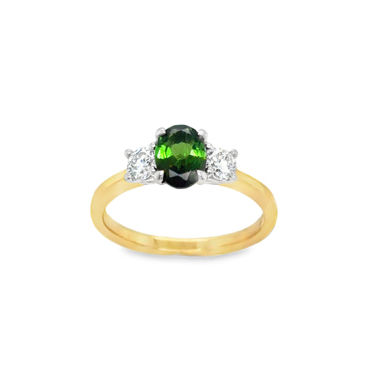 9ct 3 Stone Green Tourmaline & Dimaond Ring .36ct