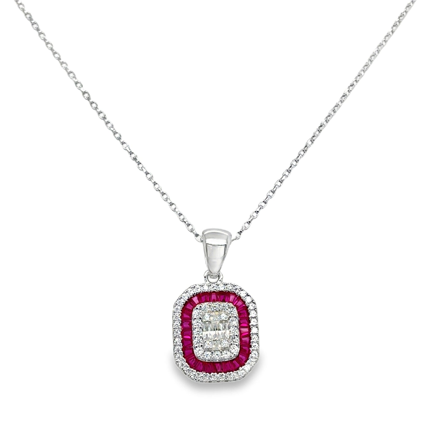 Sterling Silver Rectangular Red and White Cubic Zirconia Pendant