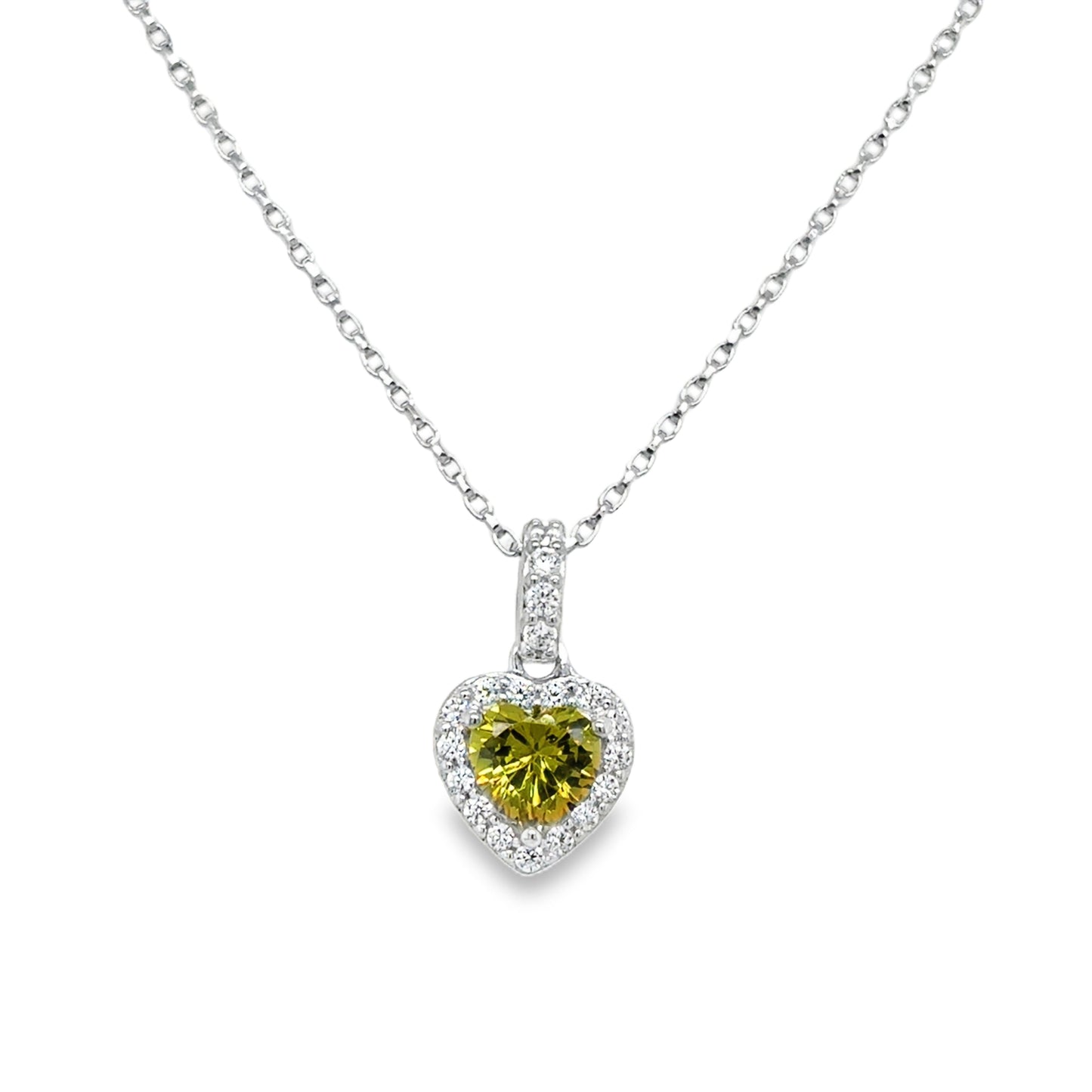 Sterling Silver Yellow CZ Heart Pendant with CZ Halo and Baile
