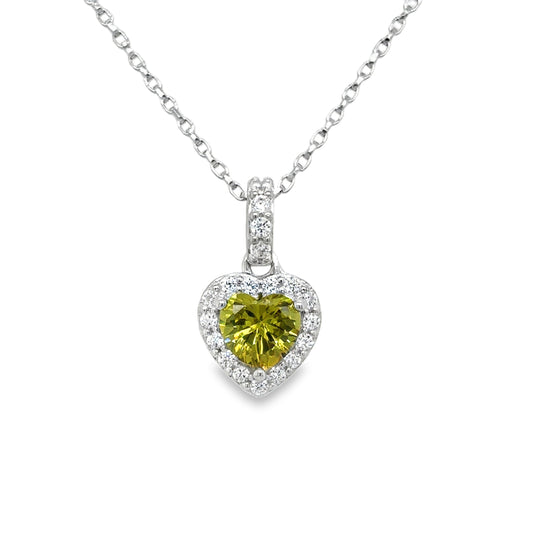 Sterling Silver Yellow CZ Heart Pendant with CZ Halo and Baile