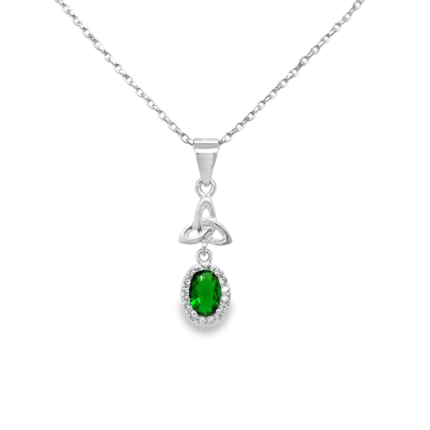 Sterling Silver Oval Green CZ Pendant with Celtic Knot