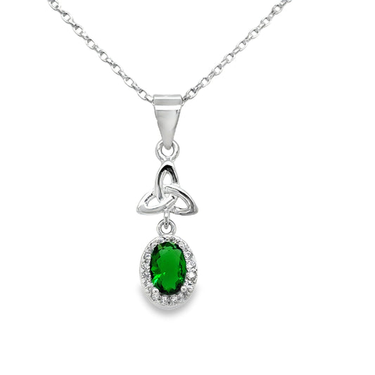 Sterling Silver Oval Green CZ Pendant with Celtic Knot