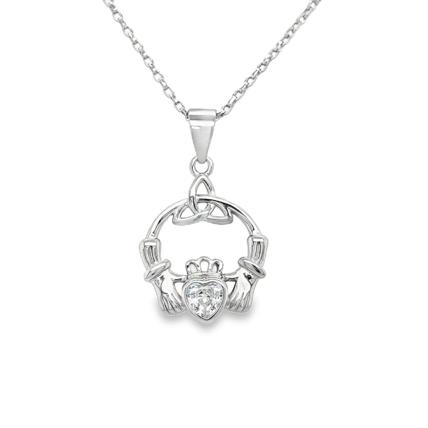 Sterling Silver Rubover CZ Claddagh Celtic Knot Pendant