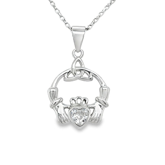 Sterling Silver Rubover CZ Claddagh Celtic Knot Pendant