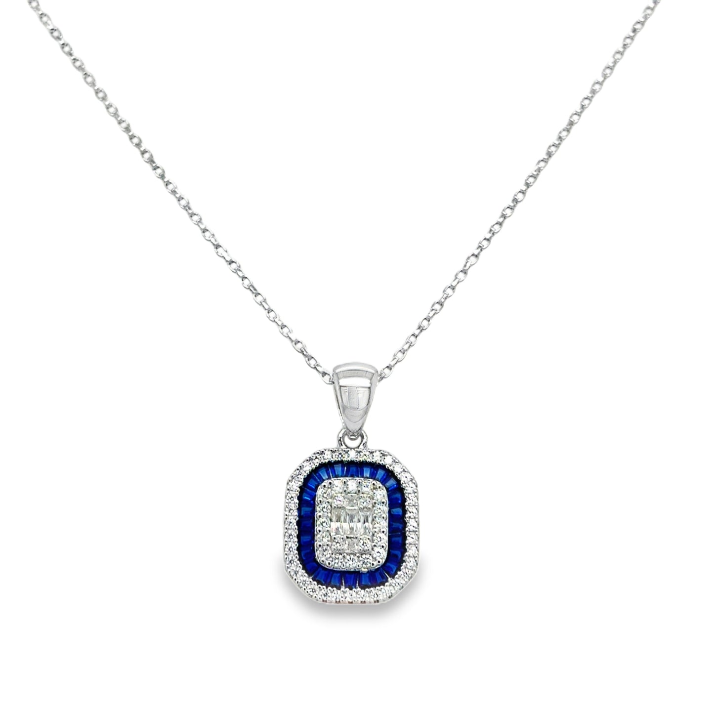 Sterling Silver Rectangular Blue and White Cubic Zirconia Pendant