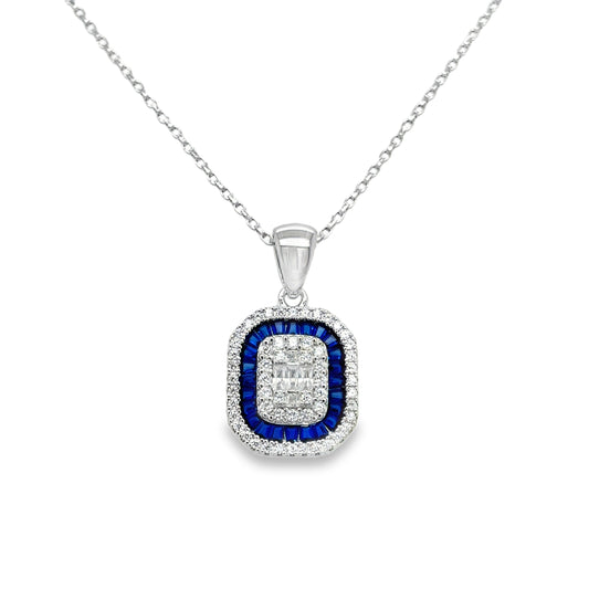 Sterling Silver Rectangular Blue and White Cubic Zirconia Pendant