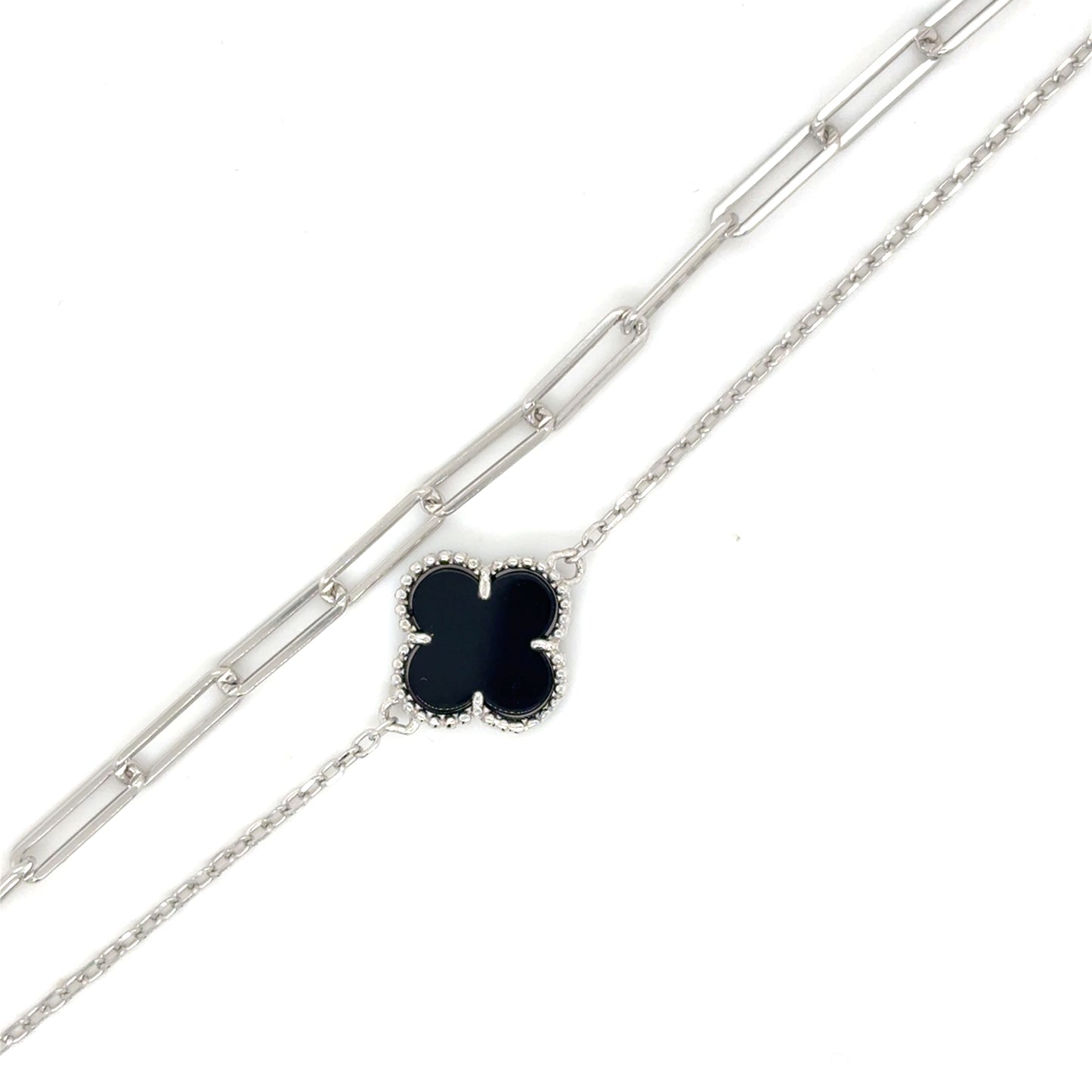 Sterling Silver Layered Paperlink and Black Clover Bracelet