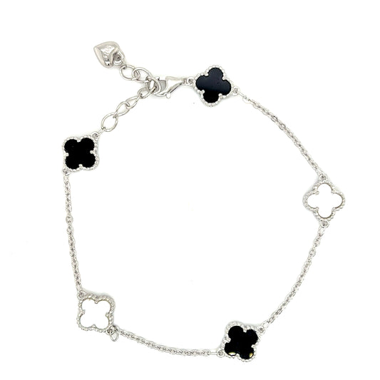 Sterling Silver Mother of Pearl and Black Clover Scatter Bracelet