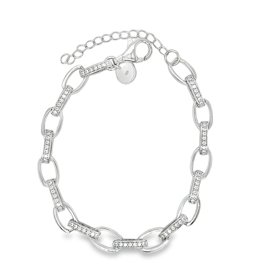 Sterling Silver Open Oval and CZ Bar Link Bracelet