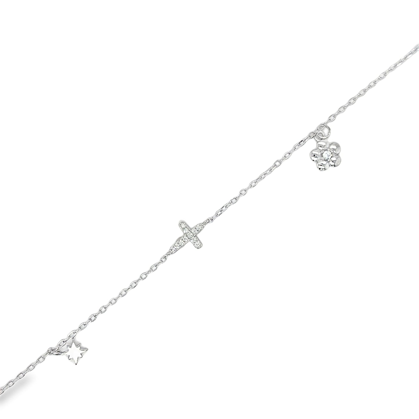Sterling Silver CZ Cross Flower and Star Scatter Bracelet