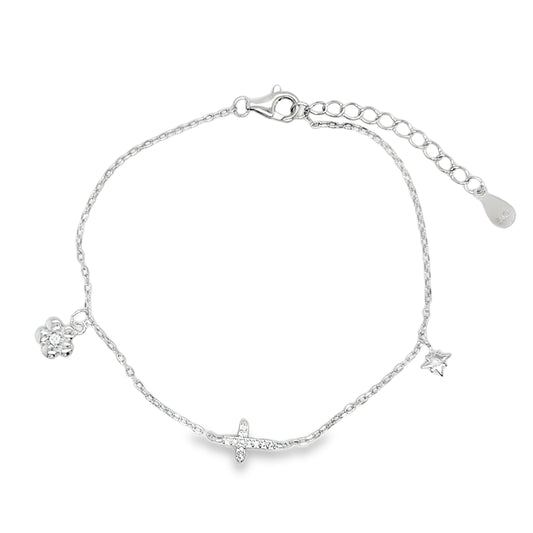 Sterling Silver CZ Cross Flower and Star Scatter Bracelet