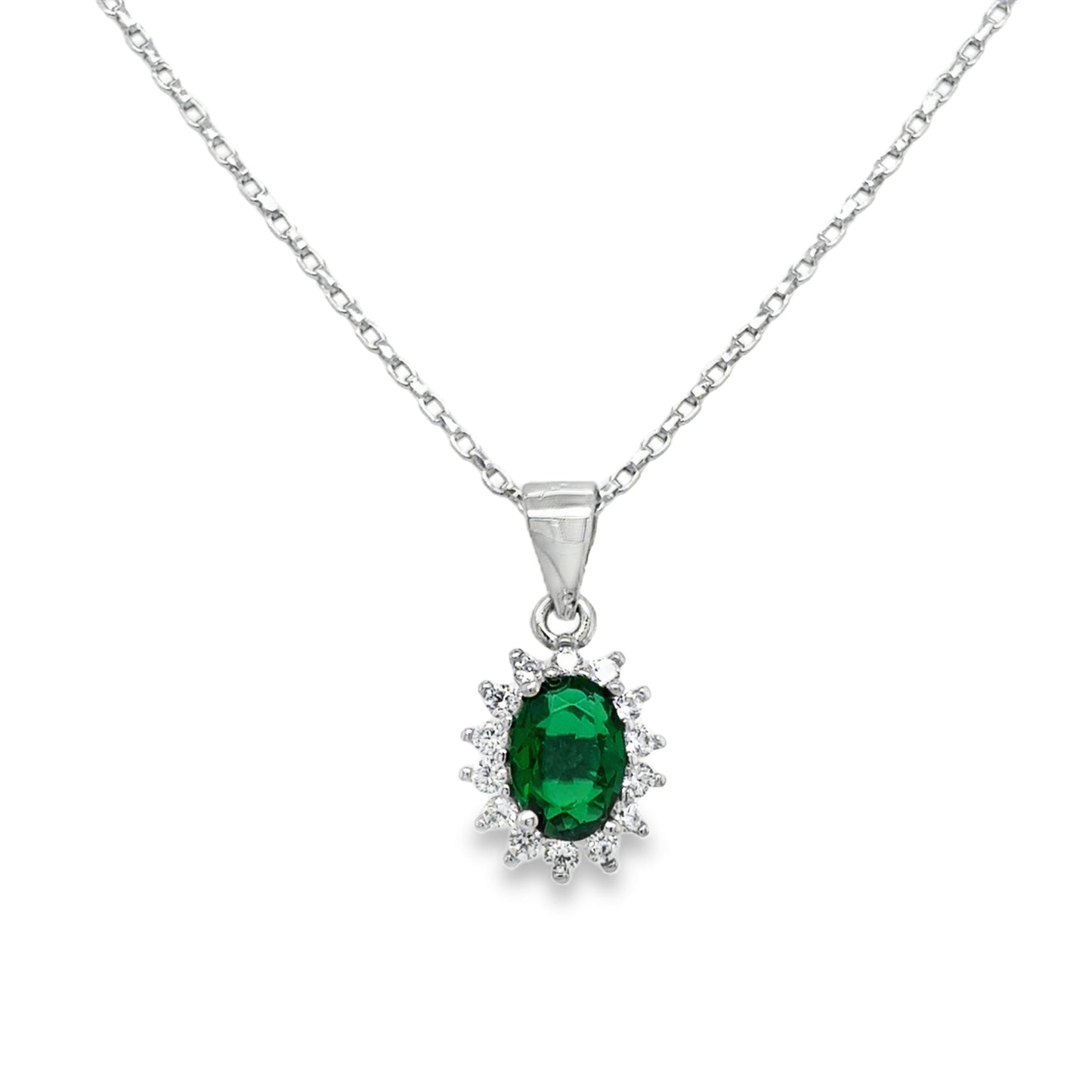 Sterling Silver Oval Green CZ Cluster Pendant and Earring Set