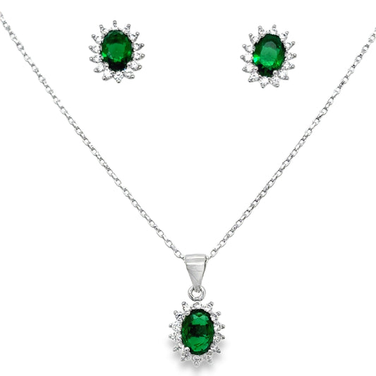 Sterling Silver Oval Green CZ Cluster Pendant and Earring Set