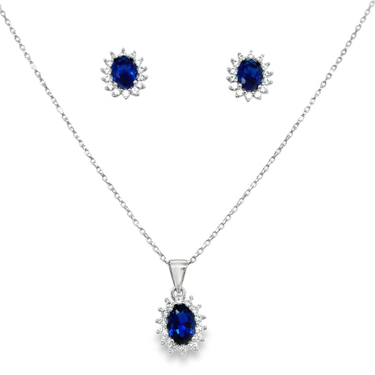 Sterling Silver Oval Blue CZ Cluster Pendant and Earring Set
