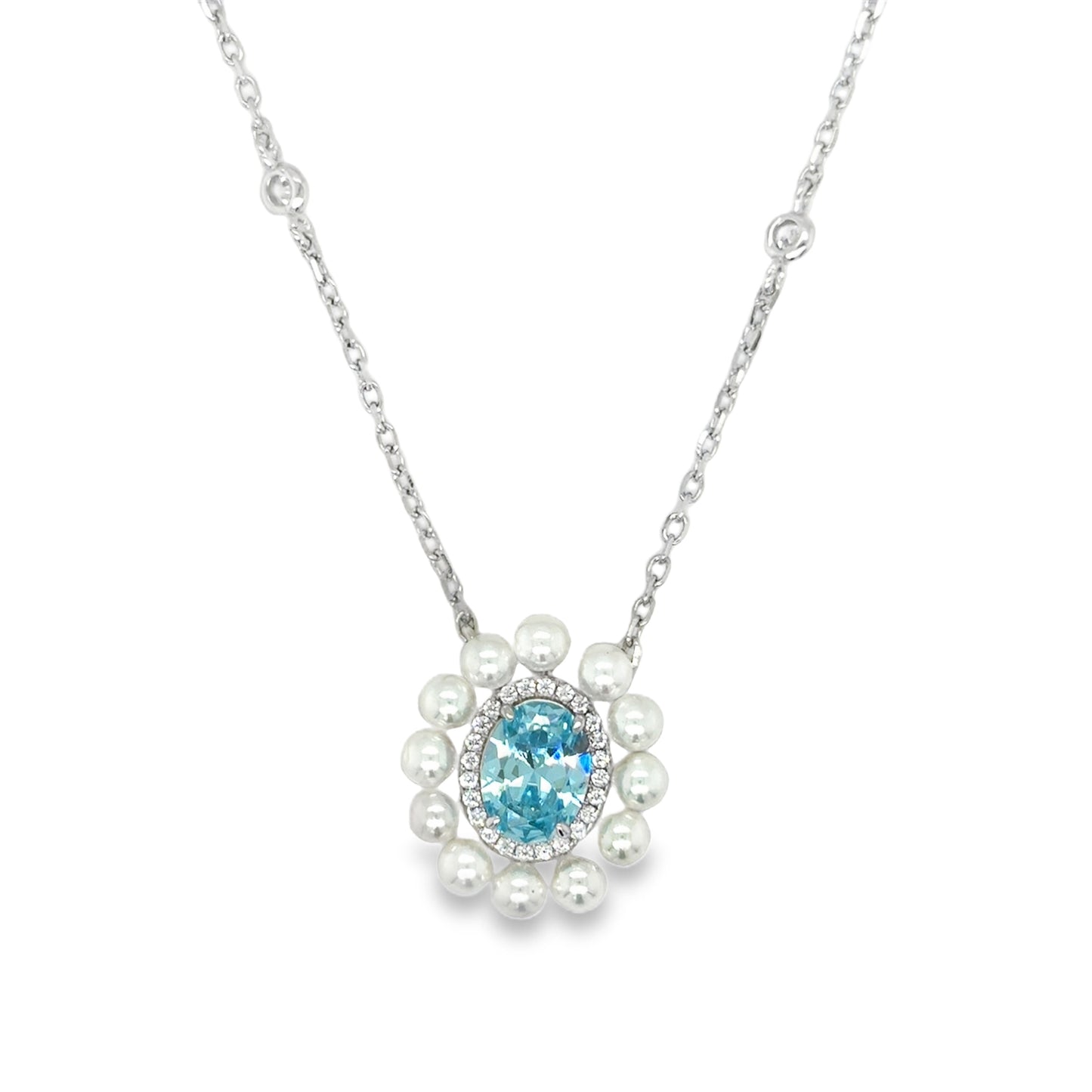 Sterling Silver Oval Blue CZ and Pearl Halo Pendant
