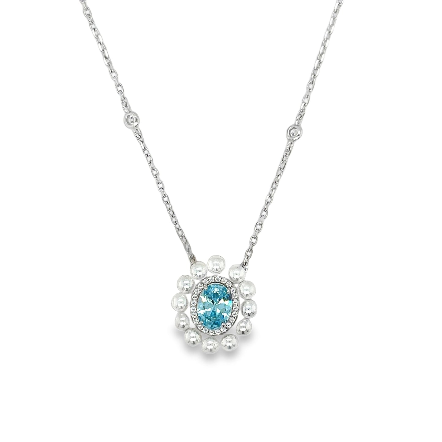 Sterling Silver Oval Blue CZ and Pearl Halo Pendant