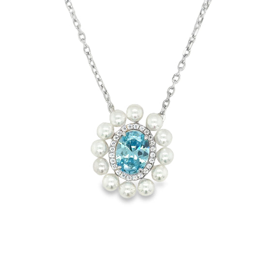Sterling Silver Oval Blue CZ and Pearl Halo Pendant