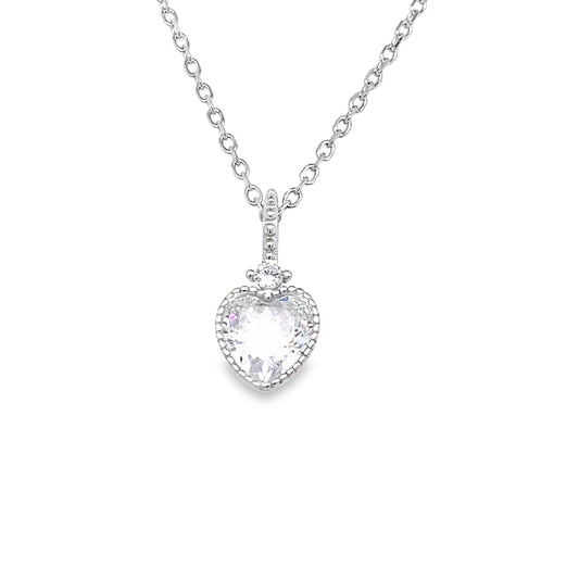 Sterling Silver Rubover CZ Heart Necklet with CZ Baile