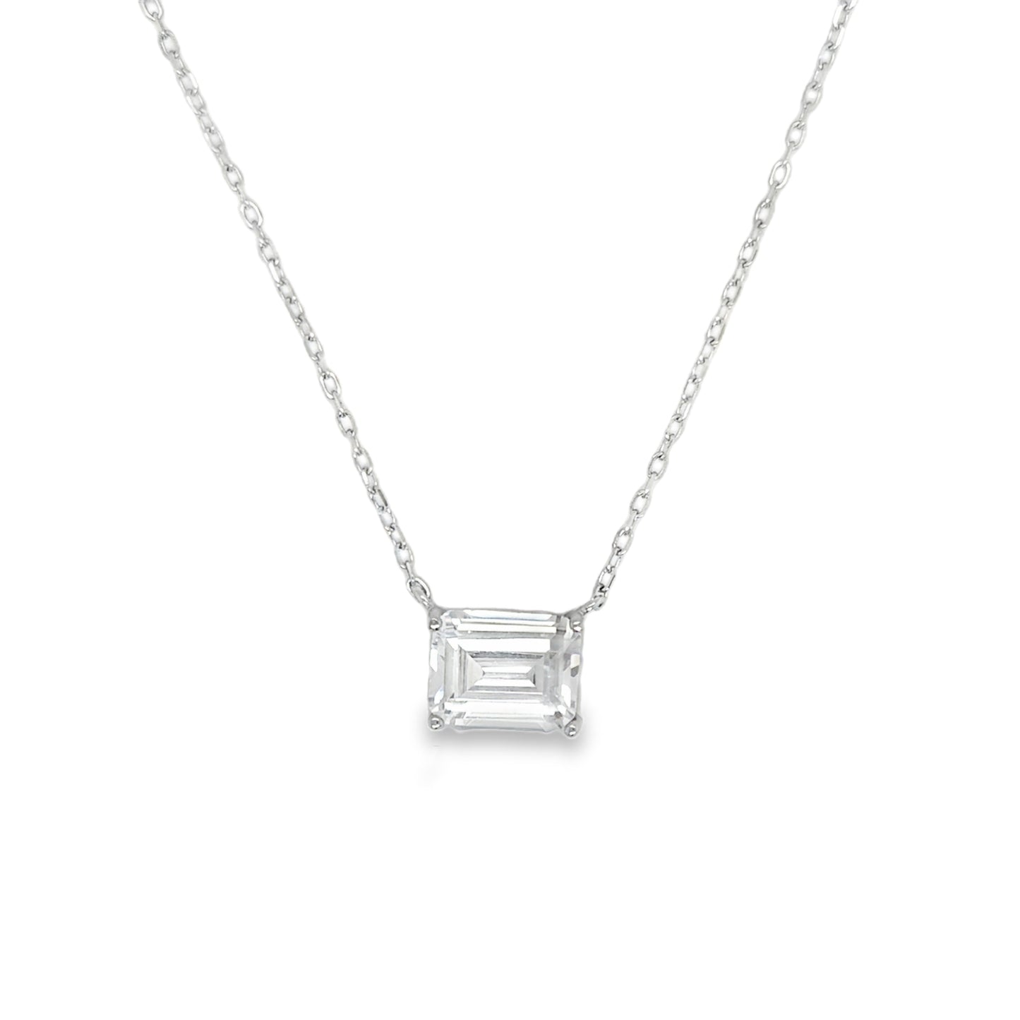 Sterling Silver Emerald Cut CZ Solitaire Necklet