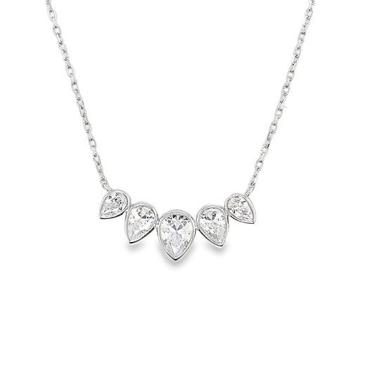 Sterling Silver Five Stone Rubover Pear CZ Hammock Necklet