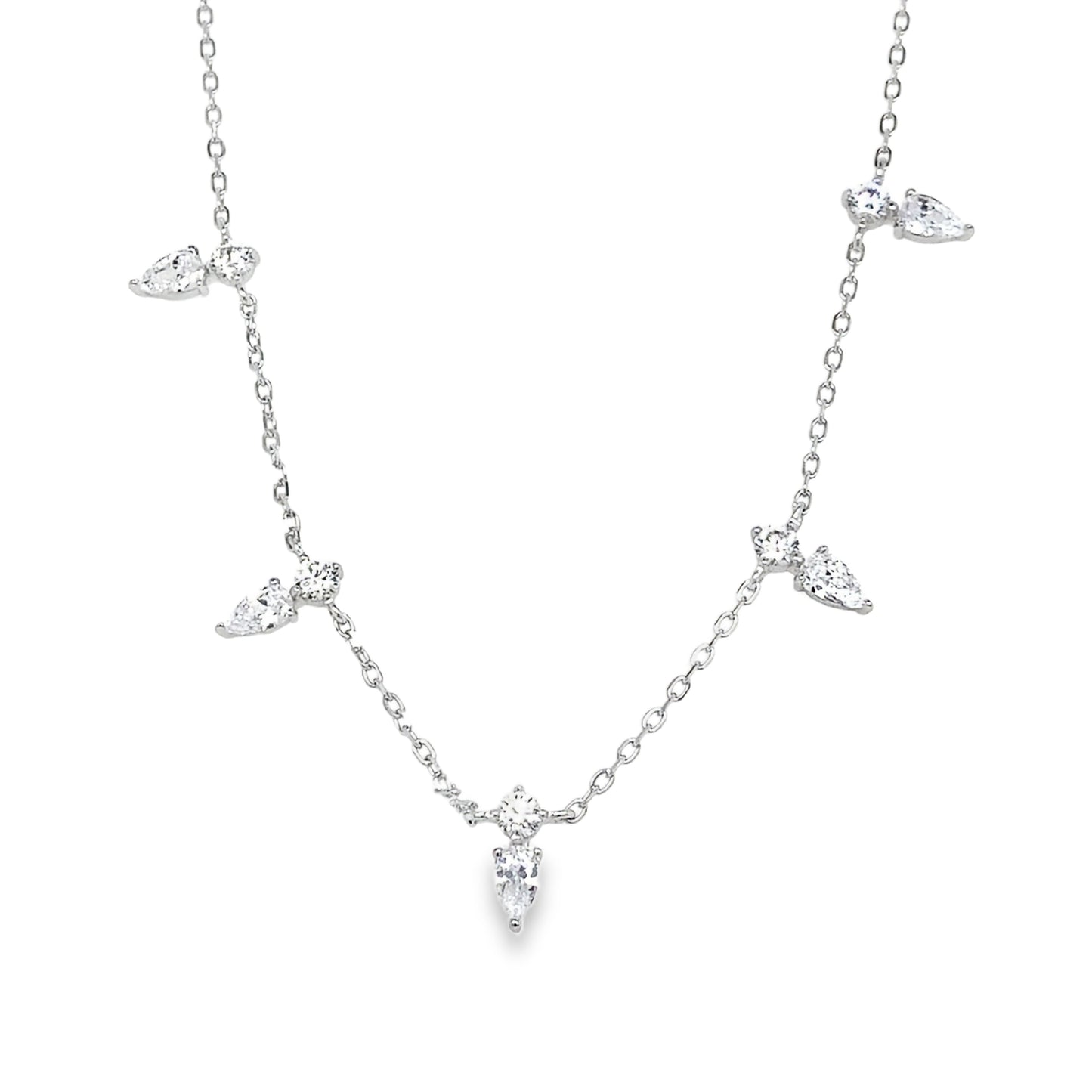 Sterling Silver Round and Pear CZ Drop Scatter Necklet