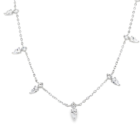 Sterling Silver Round and Pear CZ Drop Scatter Necklet