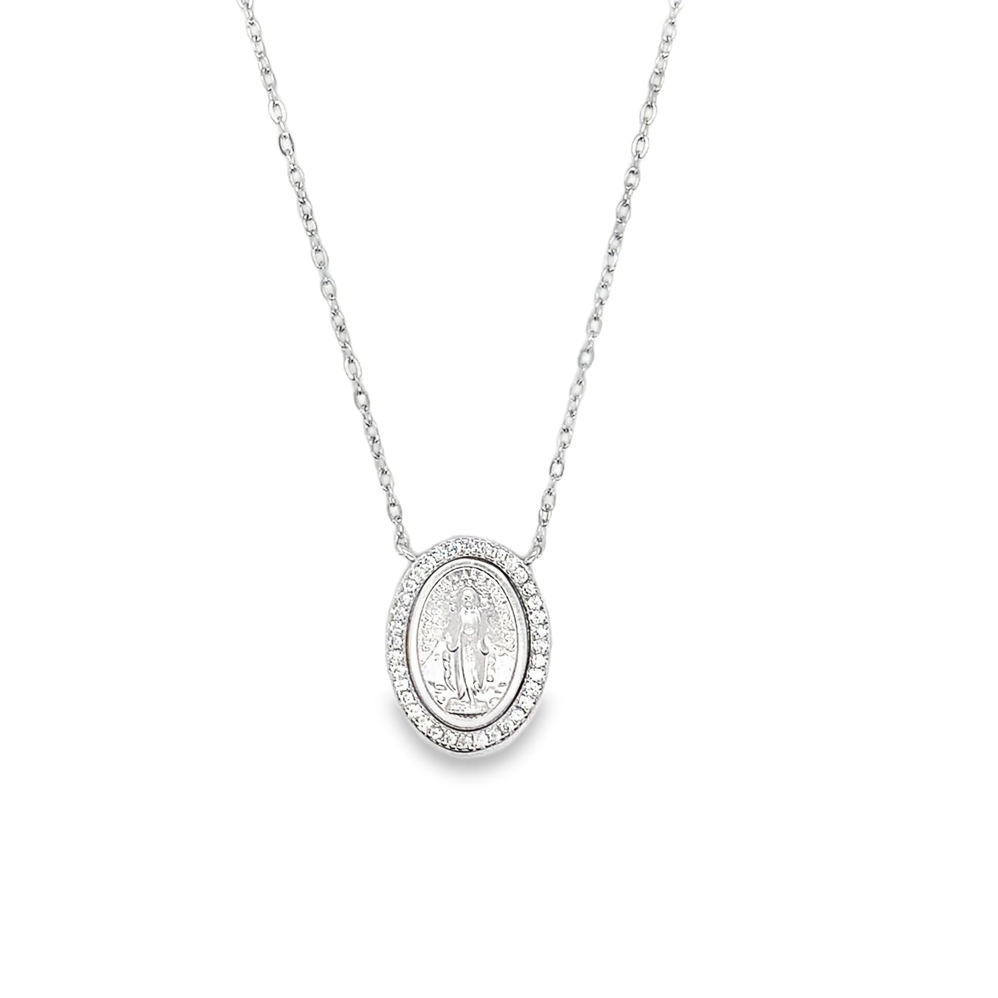 Sterling Silver Miraculous Medal Necklet with CZ Halo