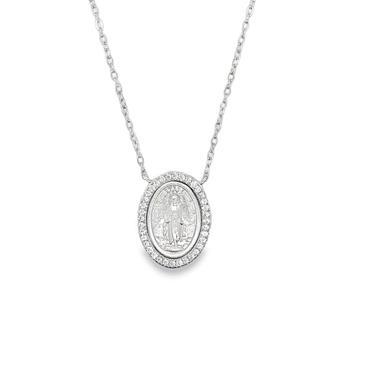 Sterling Silver Miraculous Medal Necklet with CZ Halo