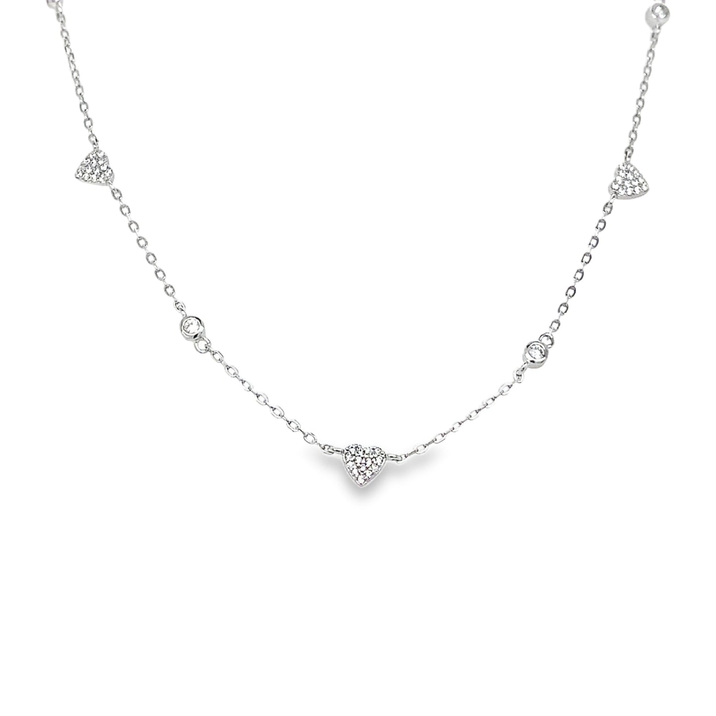 Sterling Silver Pave CZ Heart Necklet with Rubover CZ Scatter