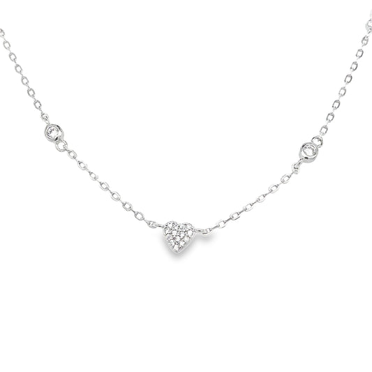 Sterling Silver Pave CZ Heart Necklet with Rubover CZ Scatter