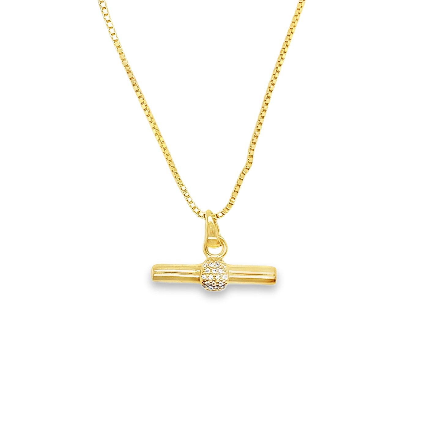 Sterling Silver Gold Plated CZ Set T-Bar Box Link Necklet