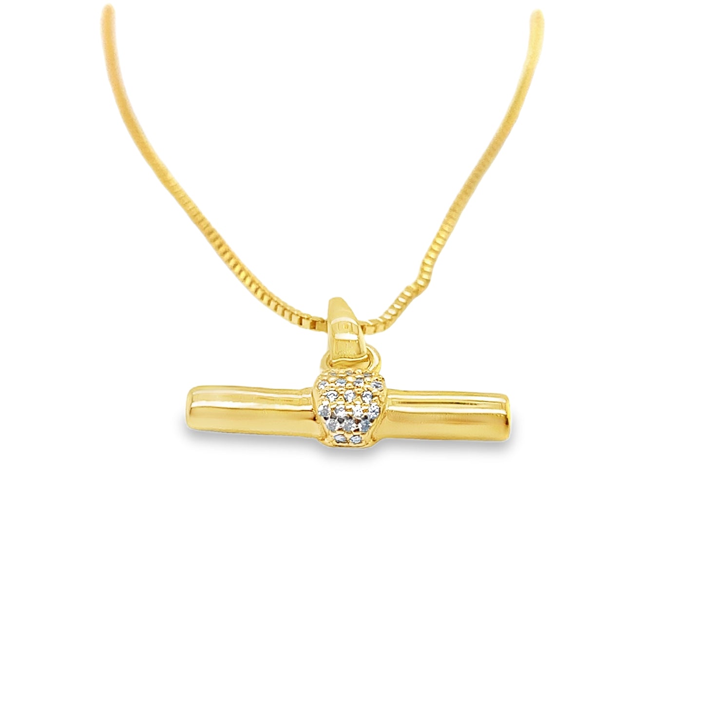 Sterling Silver Gold Plated CZ Set T-Bar Box Link Necklet