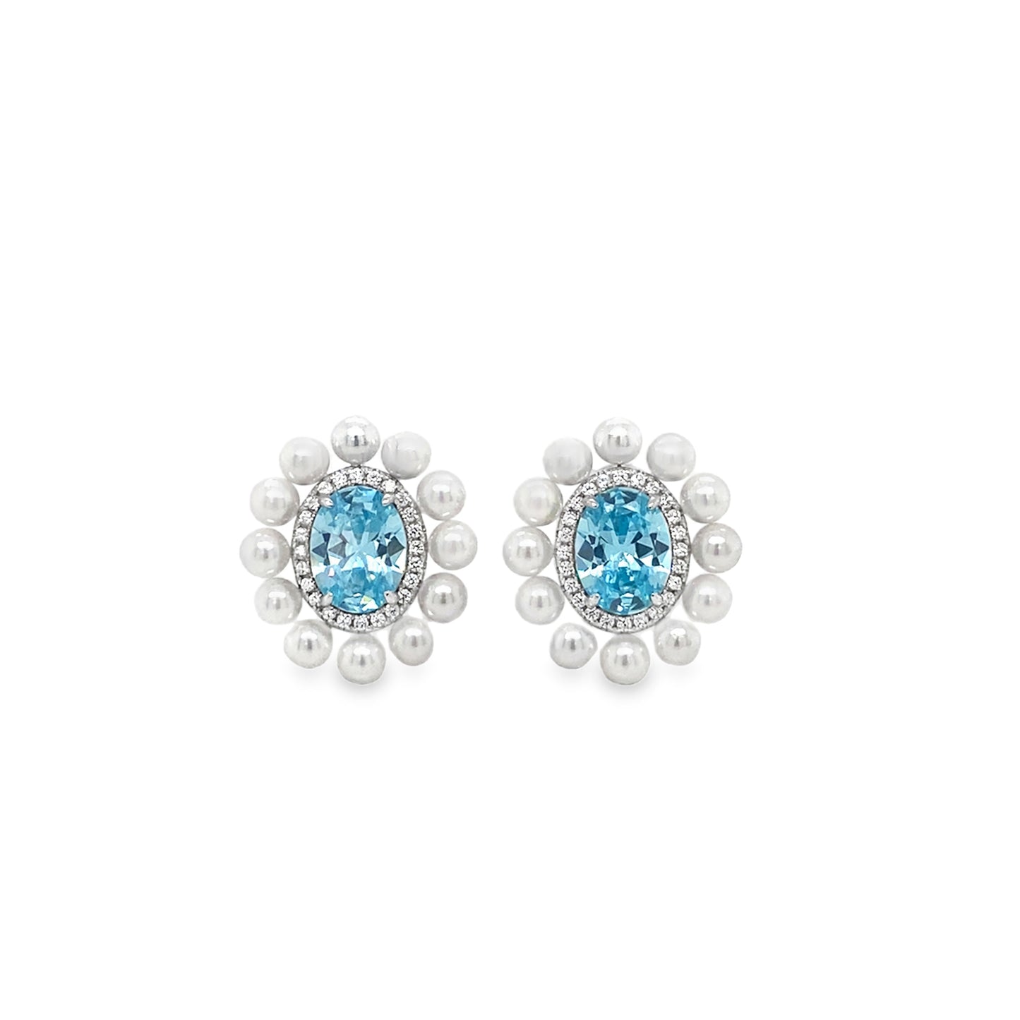 Sterling Silver Blue CZ Oval Halo Earrings With outer Pearl Halo
