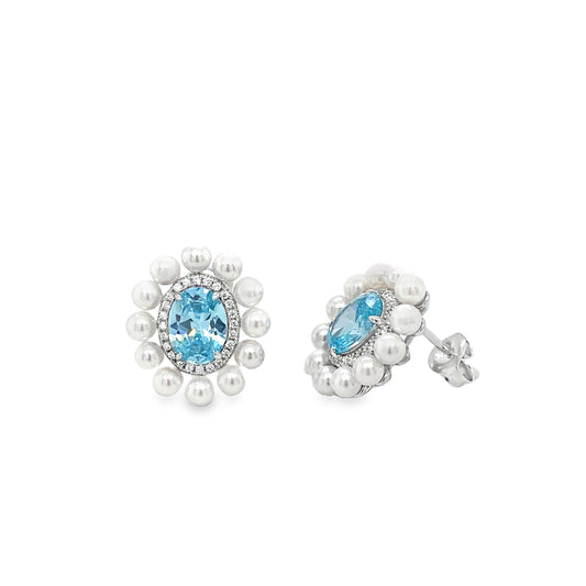 Sterling Silver Blue CZ Oval Halo Earrings With outer Pearl Halo