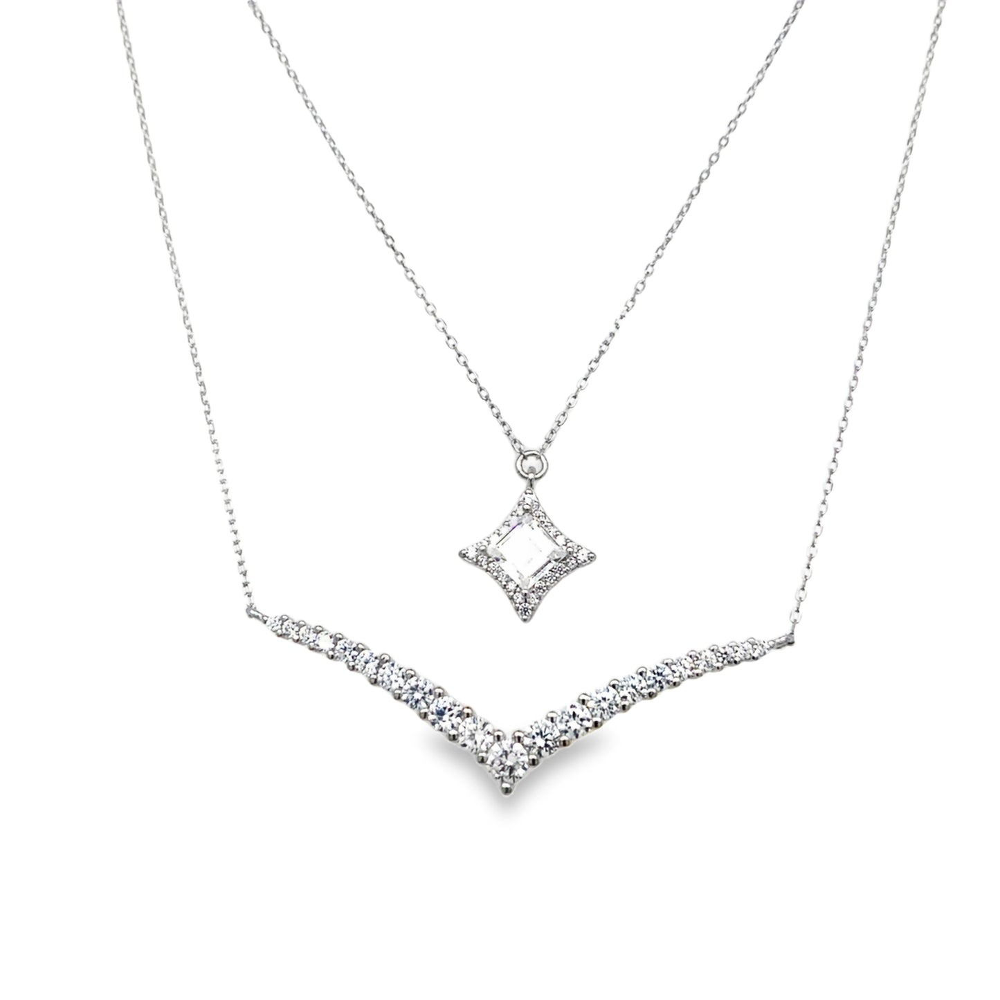 Sterling Silver Square Cluster CZ and CZ Hammock Layered Necklet