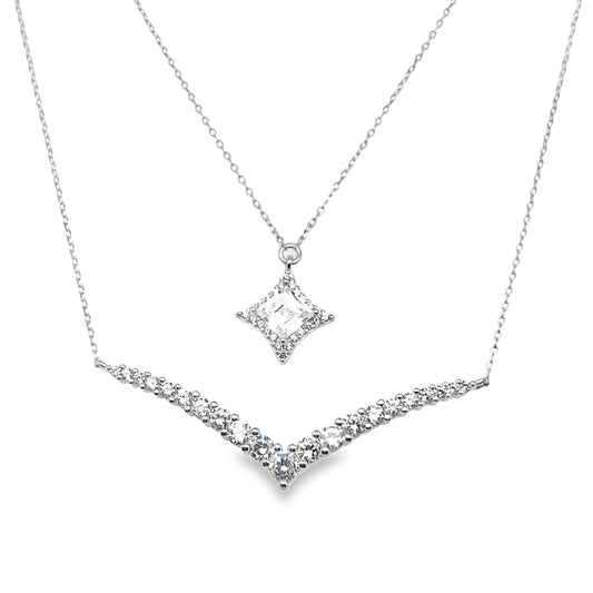 Sterling Silver Square Cluster CZ and CZ Hammock Layered Necklet