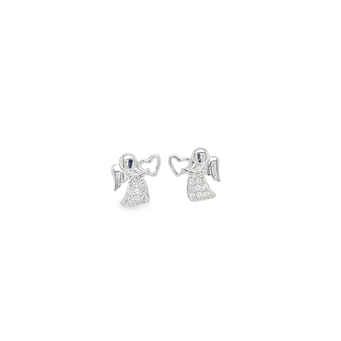 Sterling Silver CZ Pave Angel With Heart Earrings